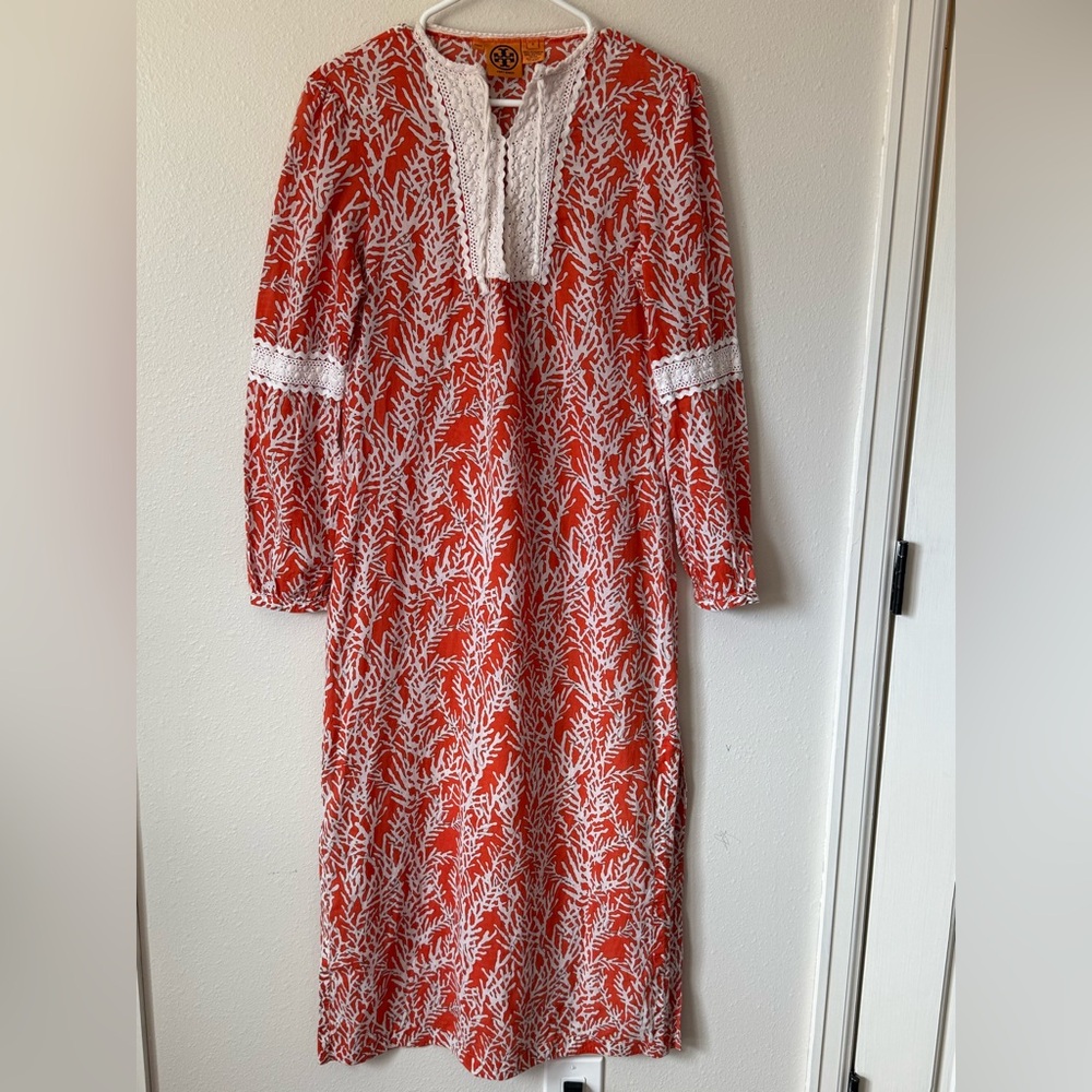 Tory Burch Red and White Long Sleeve Maxi Dress